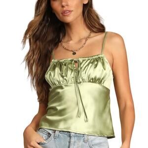 NWOT Lulus All Is Fair Light Green Satin Ruched Cami Size M